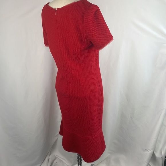 St John Red Textured Knit w Ruffle Bottom Dress