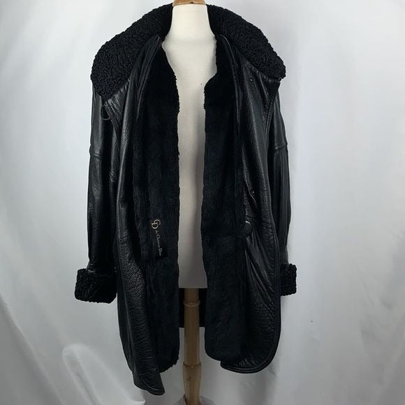Christian Dior Vintage Black Mink Lined Leather Coat With Persian Trim