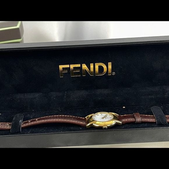 Vintage Fendi brown strap small gold face watch