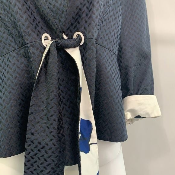 Armani Collezioni navy with blue print tie waist jacket