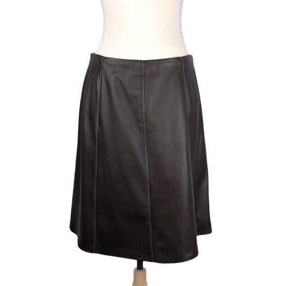 St. John Brown Leather Skirt with White stitching