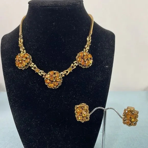 40s Barclay Golden Crystal Necklace/ Earrings Set