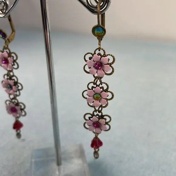 M Negrin Pink Crystal Flower Dangle Earrings