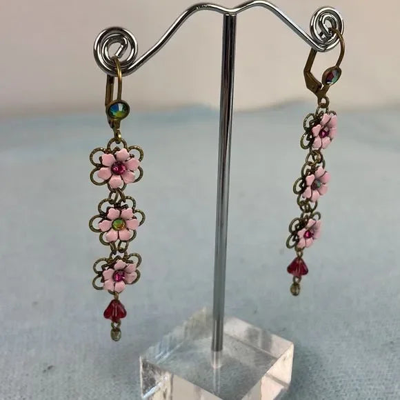 M Negrin Pink Crystal Flower Dangle Earrings