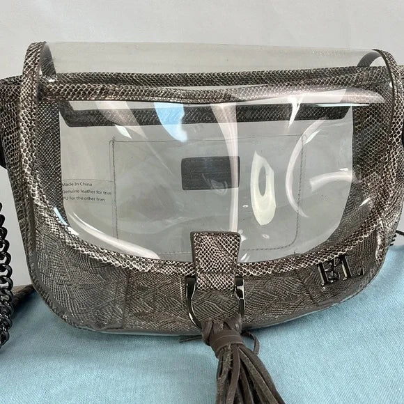 Purseception Clear Criss Body Bag with Leather Snake Pattern Trim