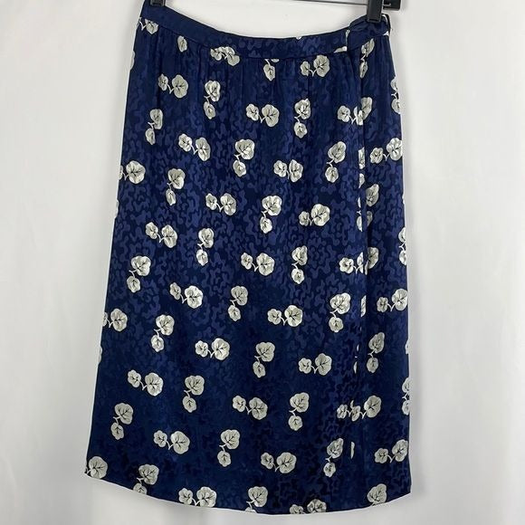 Oscar De La Renta Navy Floral Midi Silk Vintage  Skirt