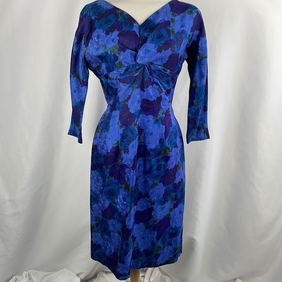Vintage Blue Floral Hollywood Twist Front Dress