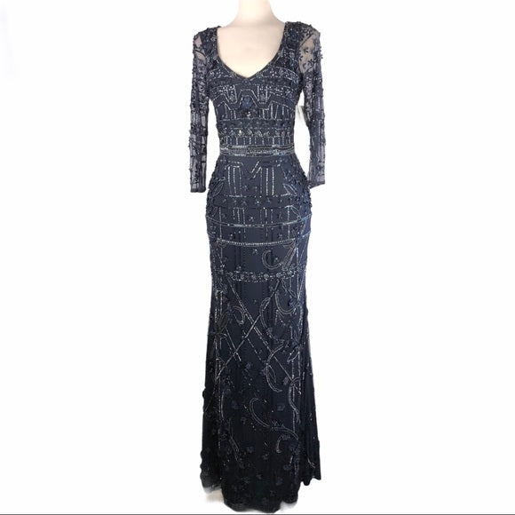 Theia Navy Blue Beaded & Flower Embroiled Dress