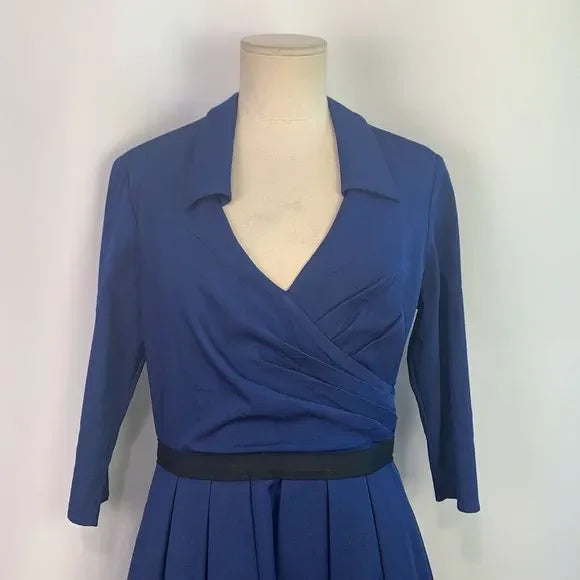 Pamela Roland Blue Pleated Bottom Fit/Flare Dress