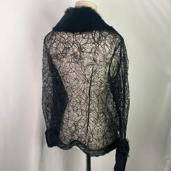 Black Beaded Lace With Fur Trim Jacket