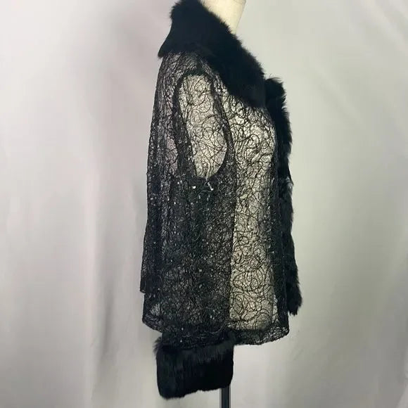 Black Beaded Lace With Fur Trim Jacket