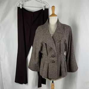 Escada Brown Tweed jacket silk print top/ brown slacks