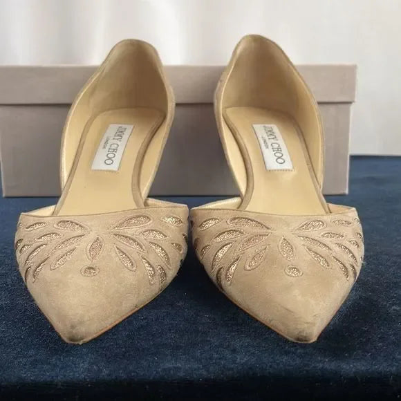 Jimmy Choo Tan Suede With Gold Detail Pumps With Box