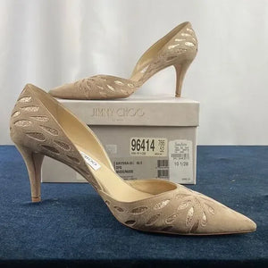 Jimmy Choo Tan Suede With Gold Detail Pumps With Box