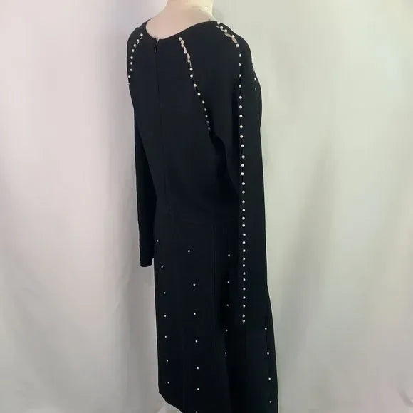 Lela Rose Black with Pearls Detail Fit Flare Knit Dress