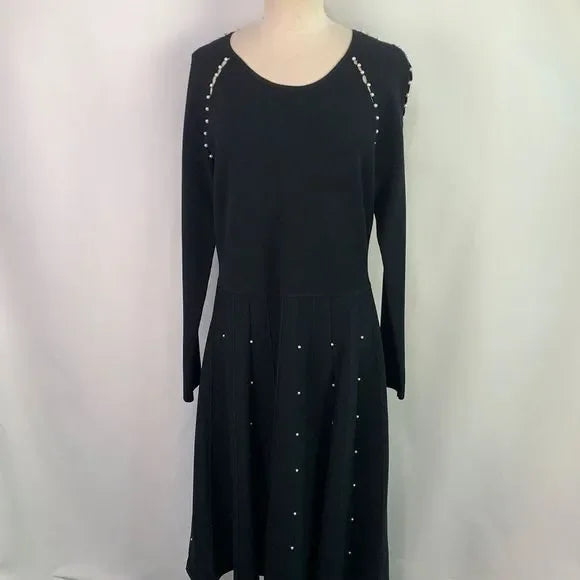 Lela Rose Black with Pearls Detail Fit Flare Knit Dress