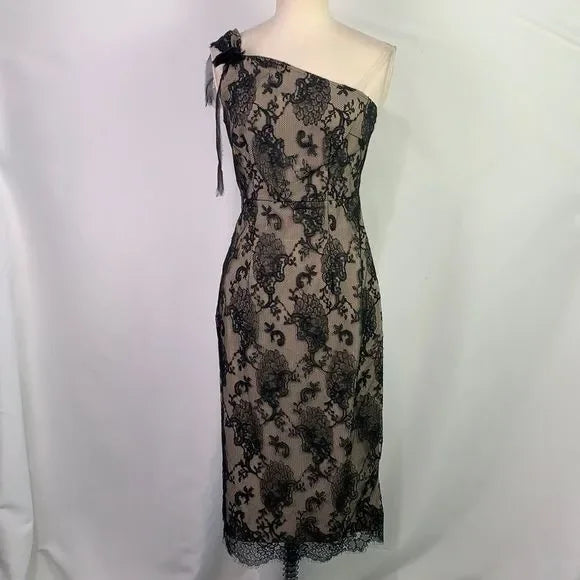 Bianca Nero Black Lace One Shoulder with Flower Dress