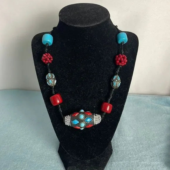 Turquoise And Coral Big Beads Necklace